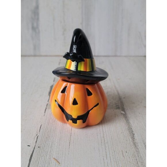 Halloween ceramic pumpkin trinket box witch hat bat figure - Picture 1 of 9